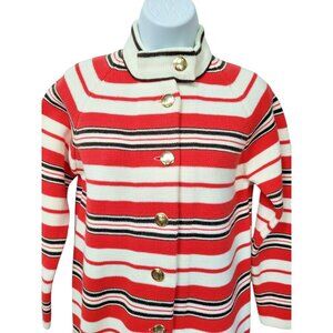 Vintage Full Fashioned Hand Loomed Womens Sweater S/M Coral White Black Stripe